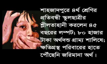 ৪র্থ শ্রেণির প্রতিবন্ধী স্কুলছাত্রীর শ্লীলতাহানীর দায়ে ৩ সন্তানের জনকের ৮০ হাজার টাকা অর্থদন্ড